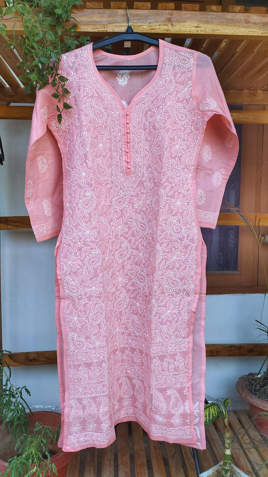 Premium Voil Cotton Chikankari Long Kurta Back Daman Embroidery
