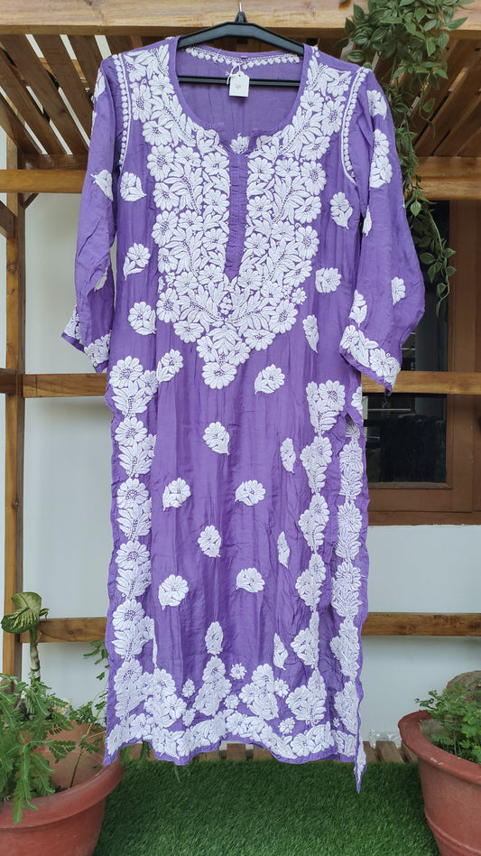 Farah Deep purple Premium Silk Luxurious Look Chikankari Long Kurta (Unique Back Embroidery)