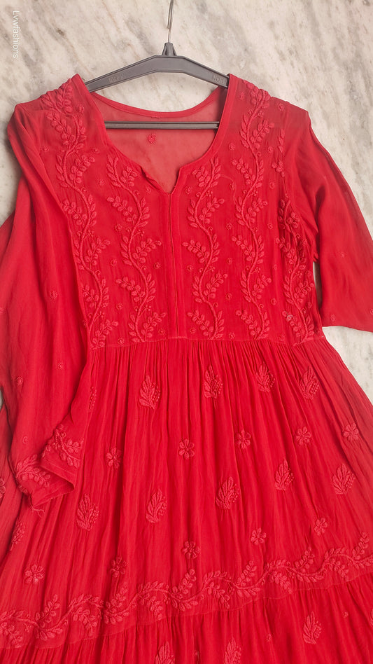 Red Premium Georgette Chikankari Gown