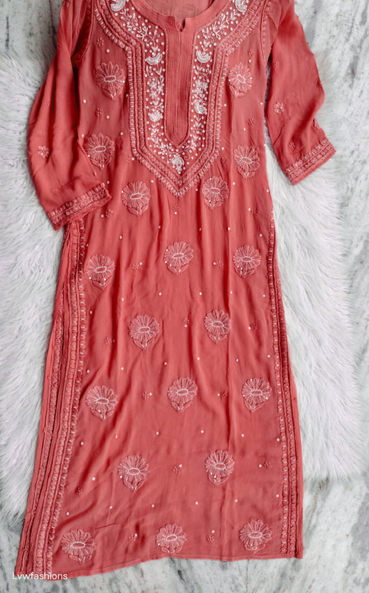 Noori Premium Georgette Chikankari Kurta Pearls Cutdana Embroidery