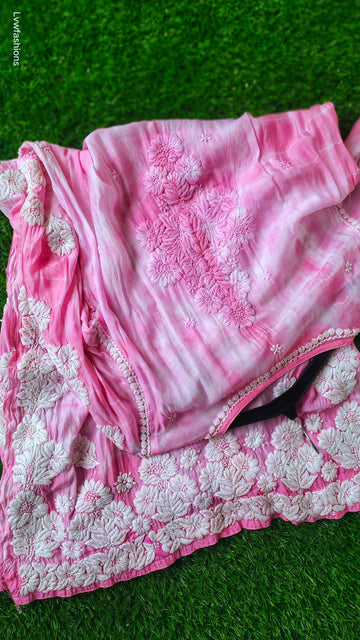 Premium Silk Hot Pink Tye & Dye Chikankari Kurta