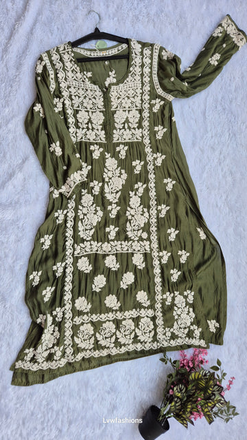 Bottle Green Premium Silk Chikankari Tunic