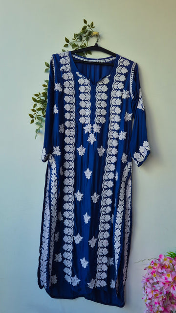 Royal Blue Premium Silk Pure Handmade Chikankari Long kurta