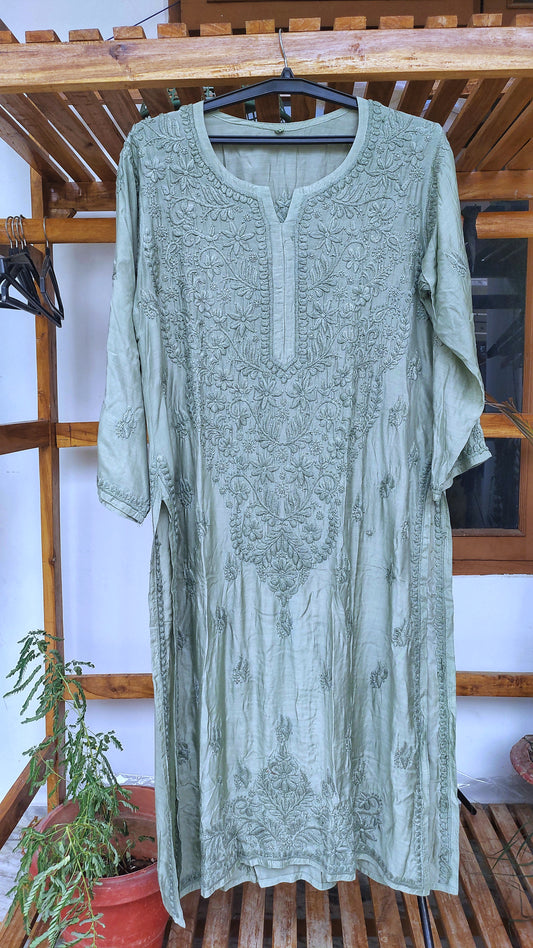 Naaz Heavy Neck Premium Luxurious Silk Chikankari Long Kurta