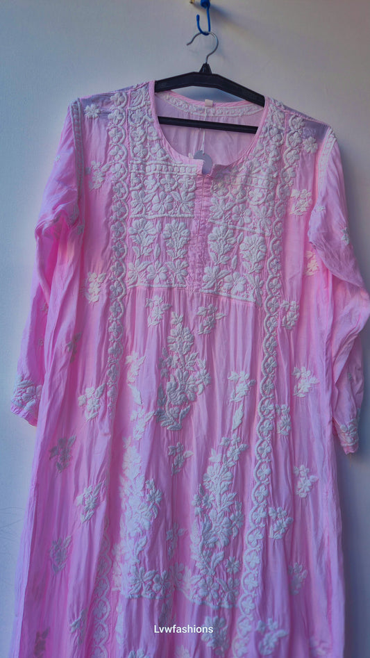 Premium Crepe Silk Chikankari Pink Tunic