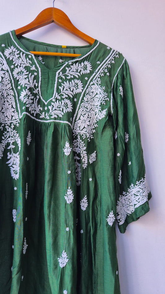 Smoky Green Premium Silk Chikankari Tunic