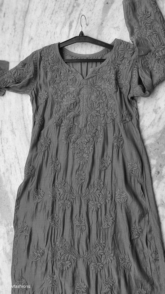 Noori Black Premium Silk Chikankari Long Kurta