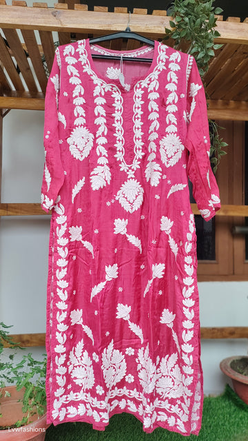 Beautifully Designed On Silk Pink Long Chikankari Kurta