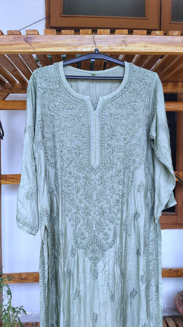 Naaz Heavy Neck Premium Luxurious Silk Chikankari Long Kurta