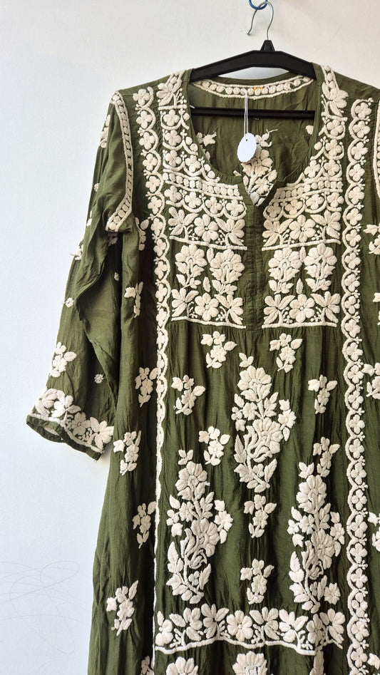 Bottle Green Premium Silk Chikankari Tunic Dress