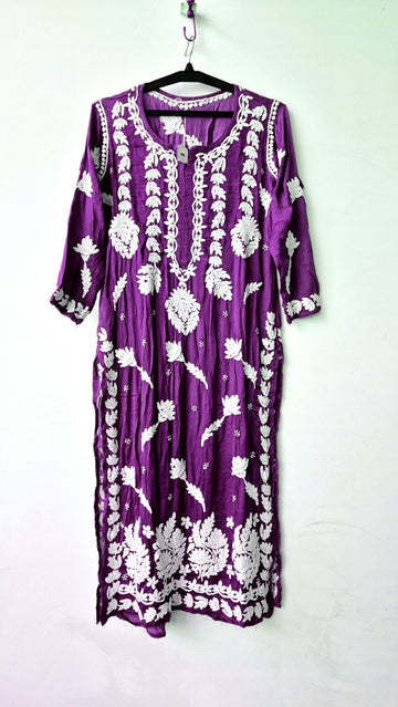 Christmas Purple Premium Silk Chikankari Long Kurta