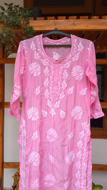 Pinkish Premium Silk Chikankari Long Kurti