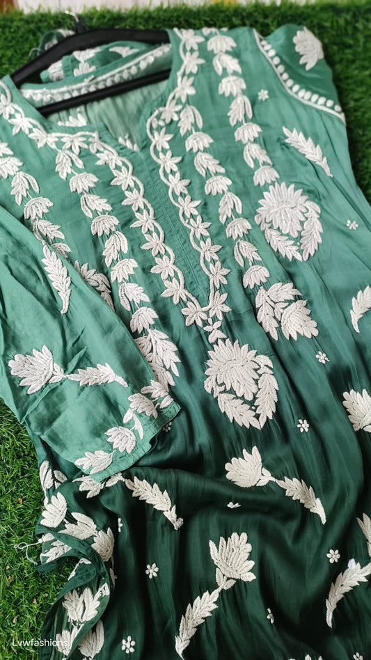 Green Ombre Premium Silk Luxurious Chikankari Kurta