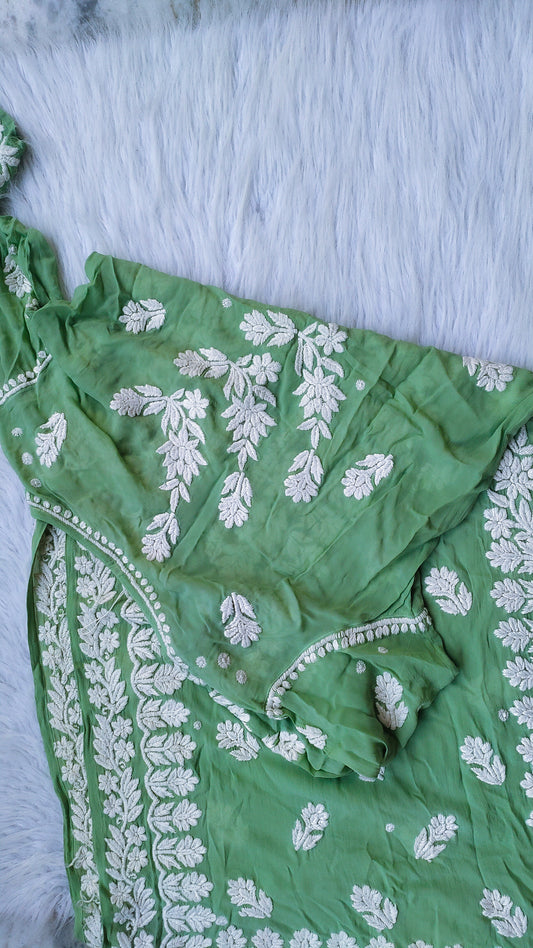 Middle Green Premium Georgette Chikankari Long Kurta