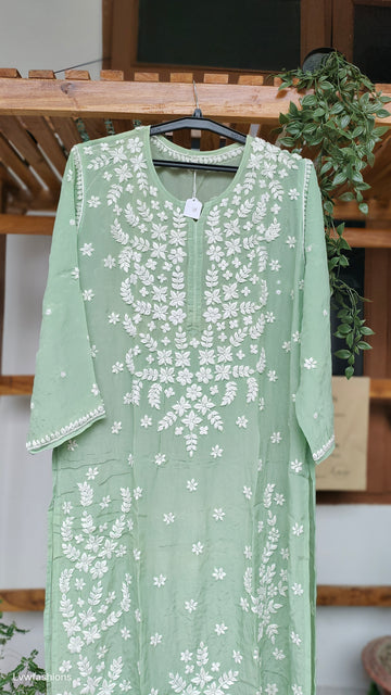 Zeba Pista Green Premium Silk Luxurious Look Chikankari Long Kurti