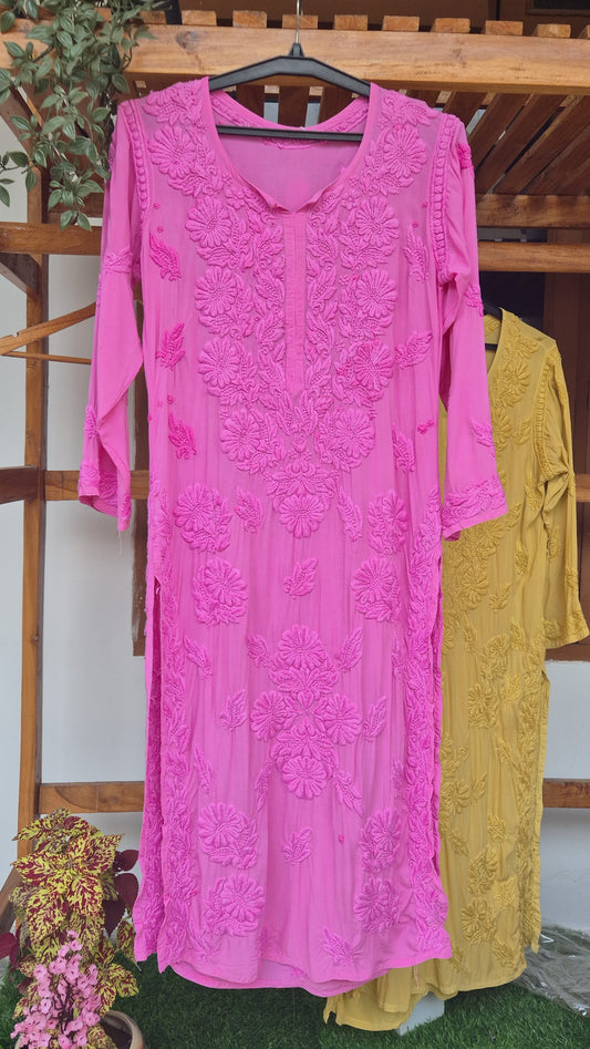 Luxurious Pink Premium Soft Non Transparent Modal chikankari Long Kurti