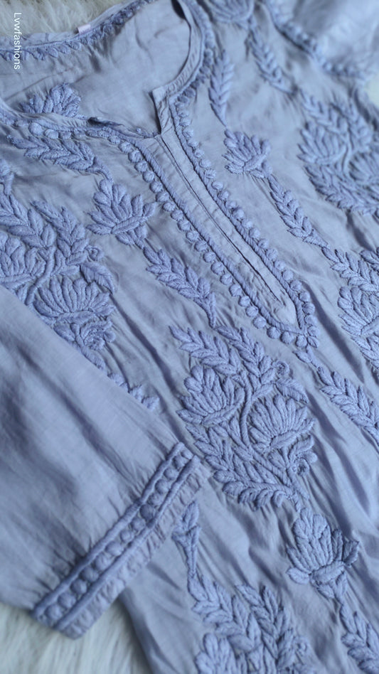 Lotus Grayish Blue Crepe Silk Premium Chikankari Long Kurta