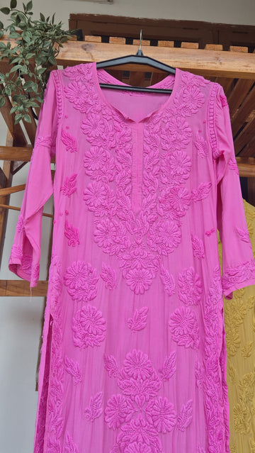 Luxurious Pink Premium Soft Non Transparent Modal chikankari Long Kurti