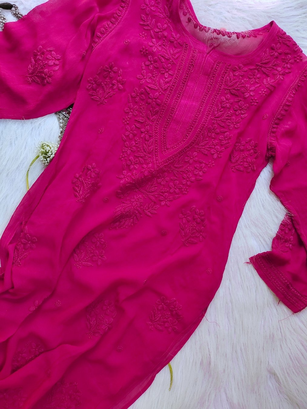 Tyrian Pink Big Booties Both Side Chikankari Kurti Set