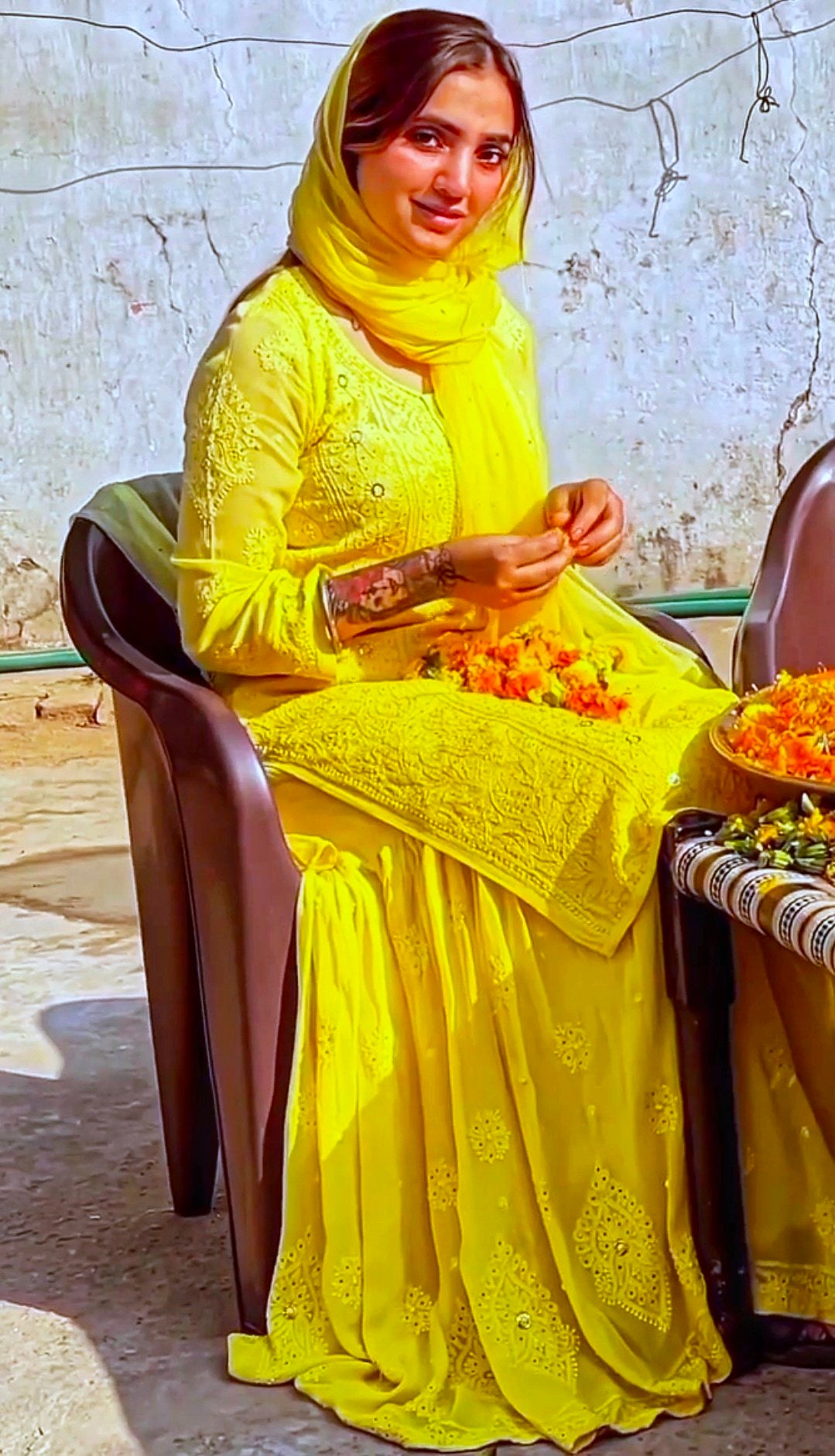 Beautiful Premium Georgette yellow Luxurious Gharara Chikankari Set