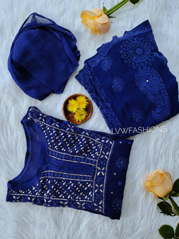 Neela Suit Premium Georgette Chikankari And Kamdani Embroidery