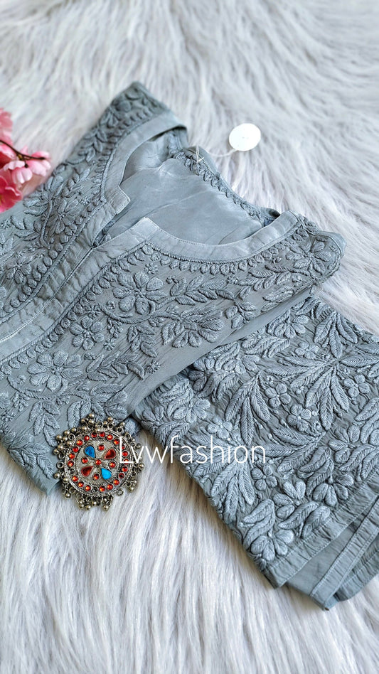 NEER Grayish  Premium Muslin Silk Long Kurta With 3D Chikankari Embroidery