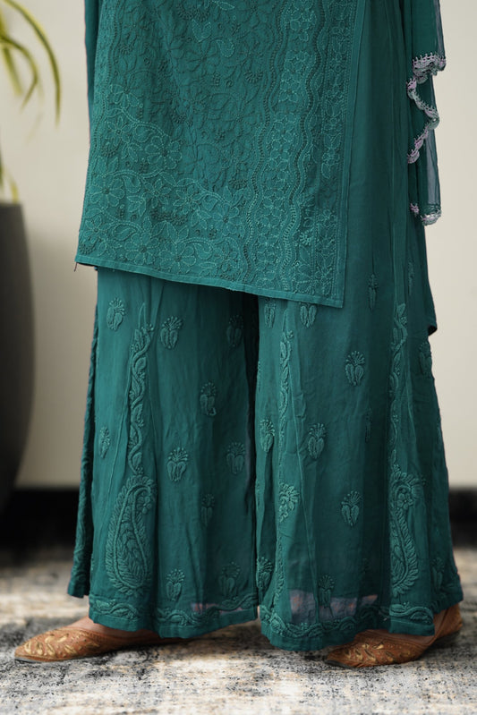 Zohra Myrtle Green Premium Georgette Chikankari Sharara Set (Attractive Bottom Design)