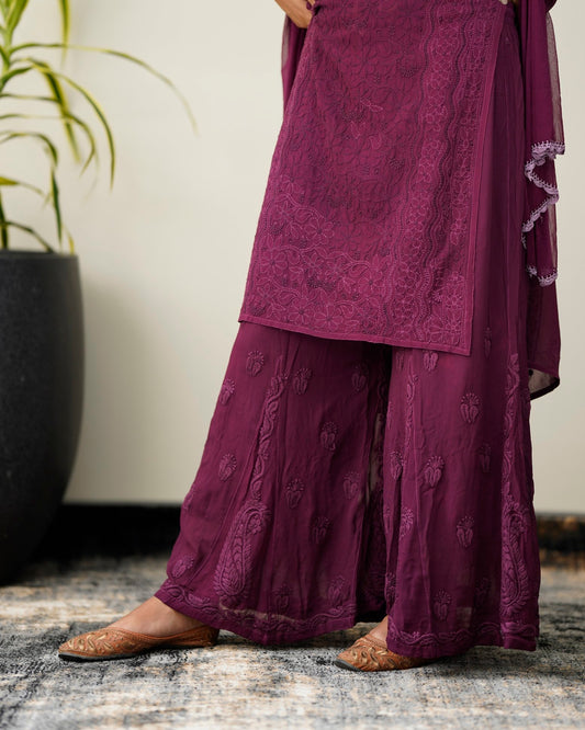 Zohra Mauve Premium Georgette Chikankari Sharara Set (Attractive Bottom Design)