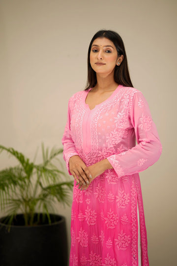 Adaya Pinkish Luxurious Look Premium Georgette Chikankari Kurta