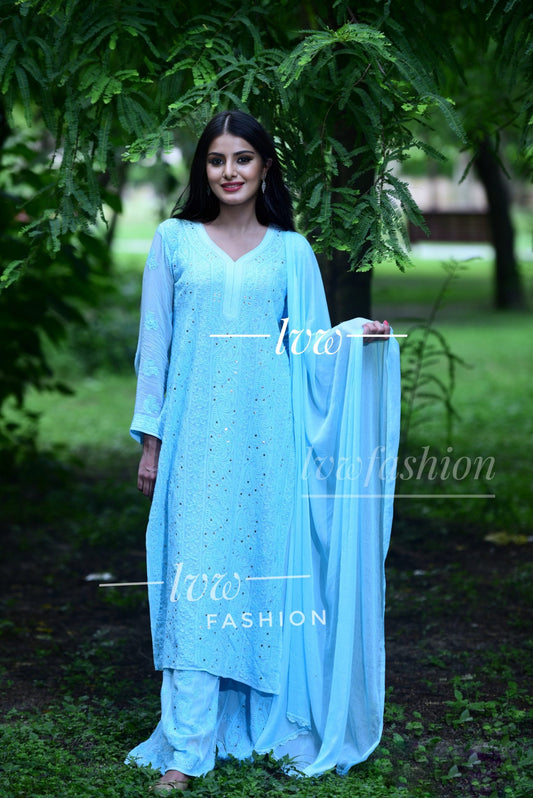 Sky Blue Premium Georgette 3 piece set Inner include