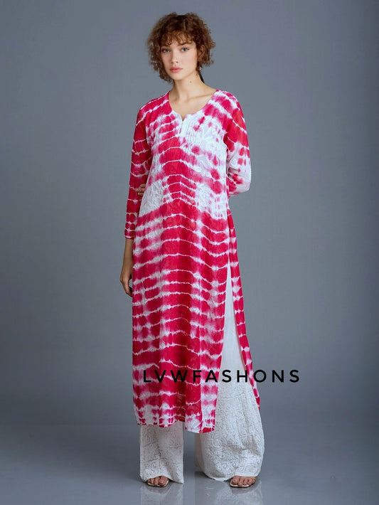 Beautiful Pinkish Tie & Dye Premium Georgette Long Kurta With Resham Embroidery