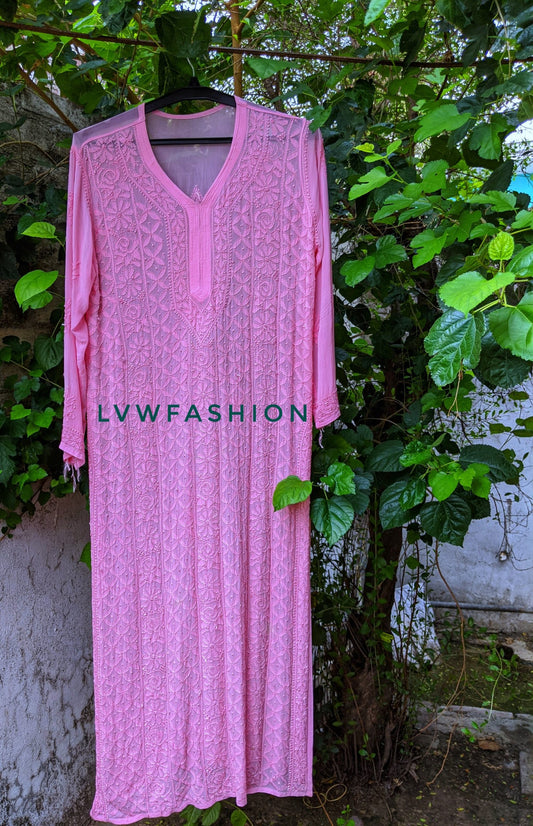 Bright Pink Premium Georgette Long Kurta With Slip