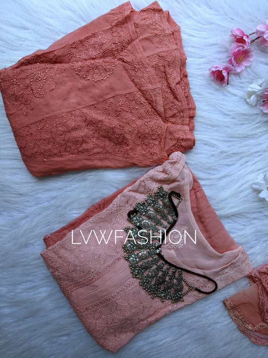 "Elham" Premium Georgette Rose Peach 3 Piece Set