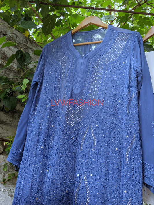 "Sonia" A Beautiful Greyish Blue Premium Georgette Long Kurta