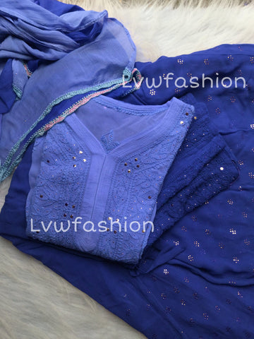 Premium Blue Georgette 3 Piece Set of Chikankari & Mukaish