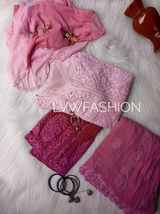 Premium Cherry Pink Ombre Dyed 3 piece set