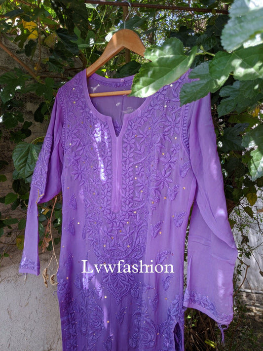 "Feriha" Royal Purple Premium Georgette Rose Embroidery  Long kurta