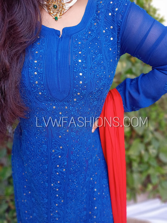 Beautiful Red Blue Premium Georgette 3 piece set