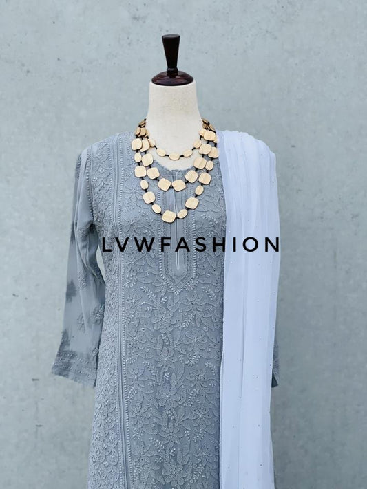 Premium Gray Georgette Kurta Duptta Set With Kamdani