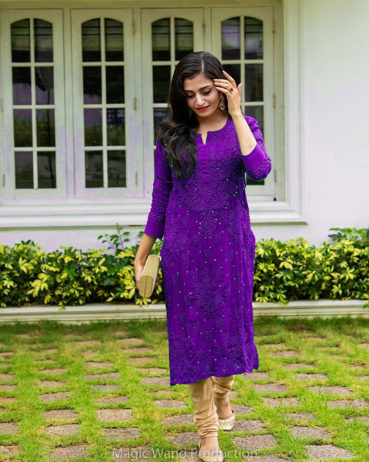 Celebrity Inspired Pure Bringle Purple Long Kurta With Chikankari & Kamdani Tikki